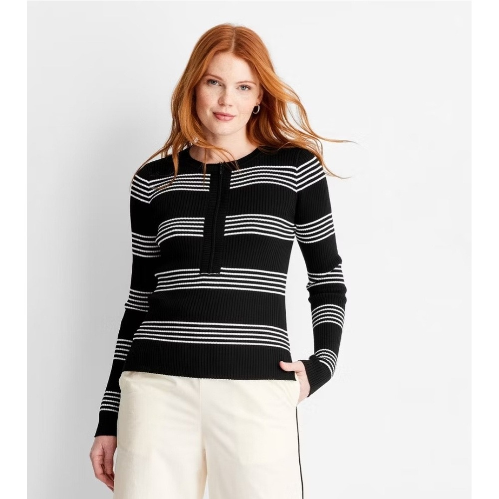 Future Collective‎ Black White Stripe Small Ribbed Knit Sweater Long Sleeve Top